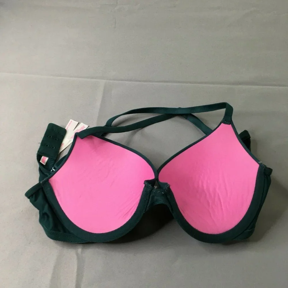 PINK Victoria's Secret Womens Bra Green 32C Padded Push Up Bra Crossback #1743